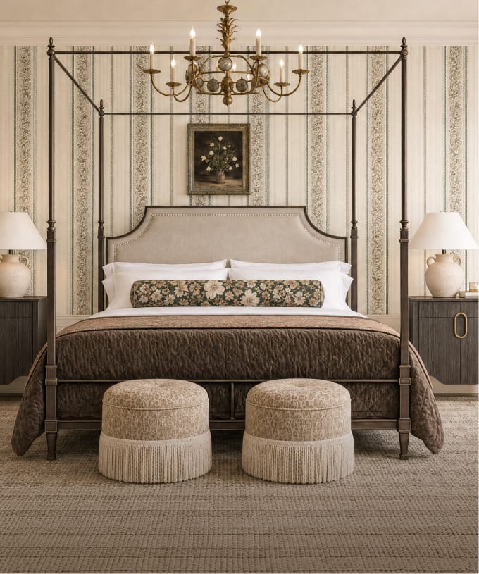 Canopy bed with patterned bolster and upholstered stools